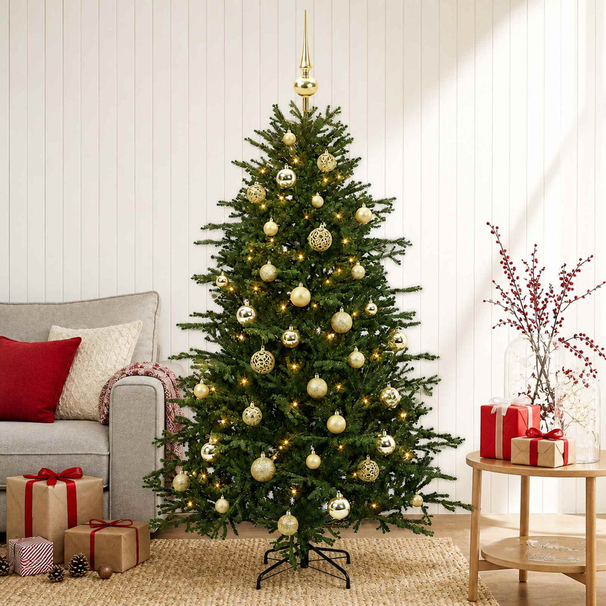 Műkarácsonyfa gömbbel 150 cm 150 LED Meleg fehér PVC és fém