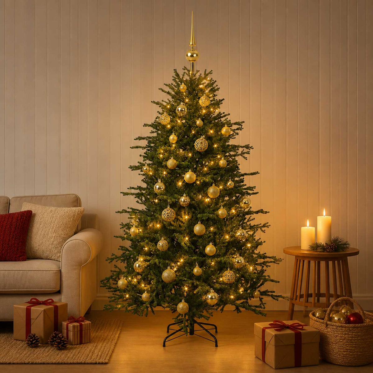 Műkarácsonyfa gömbbel 150 cm 150 LED Meleg fehér PVC és fém