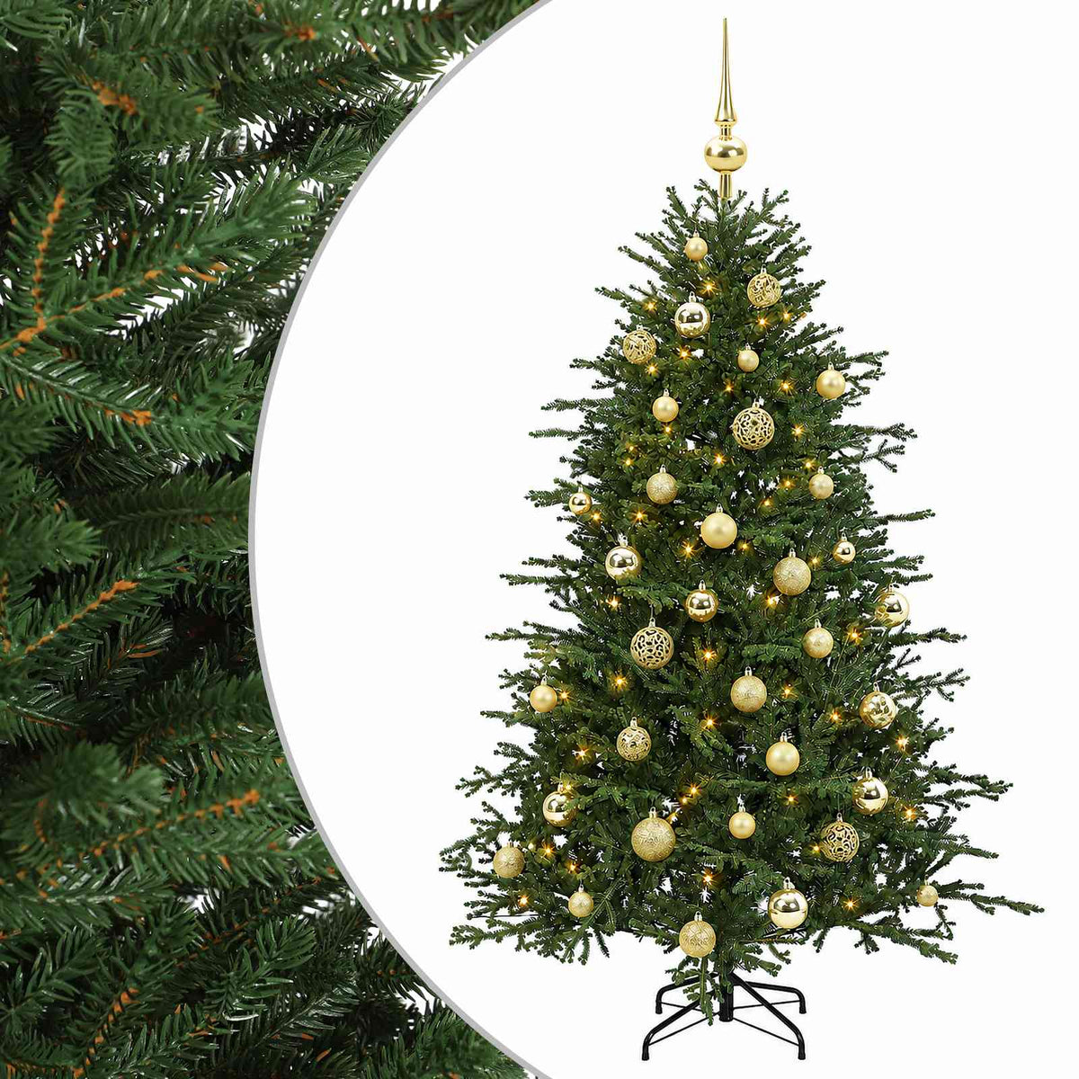 Műkarácsonyfa gömbbel 150 cm 150 LED Meleg fehér PVC és fém