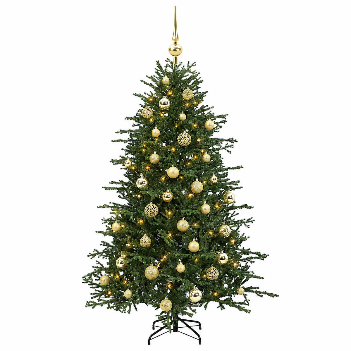Műkarácsonyfa gömbbel 150 cm 150 LED Meleg fehér PVC és fém