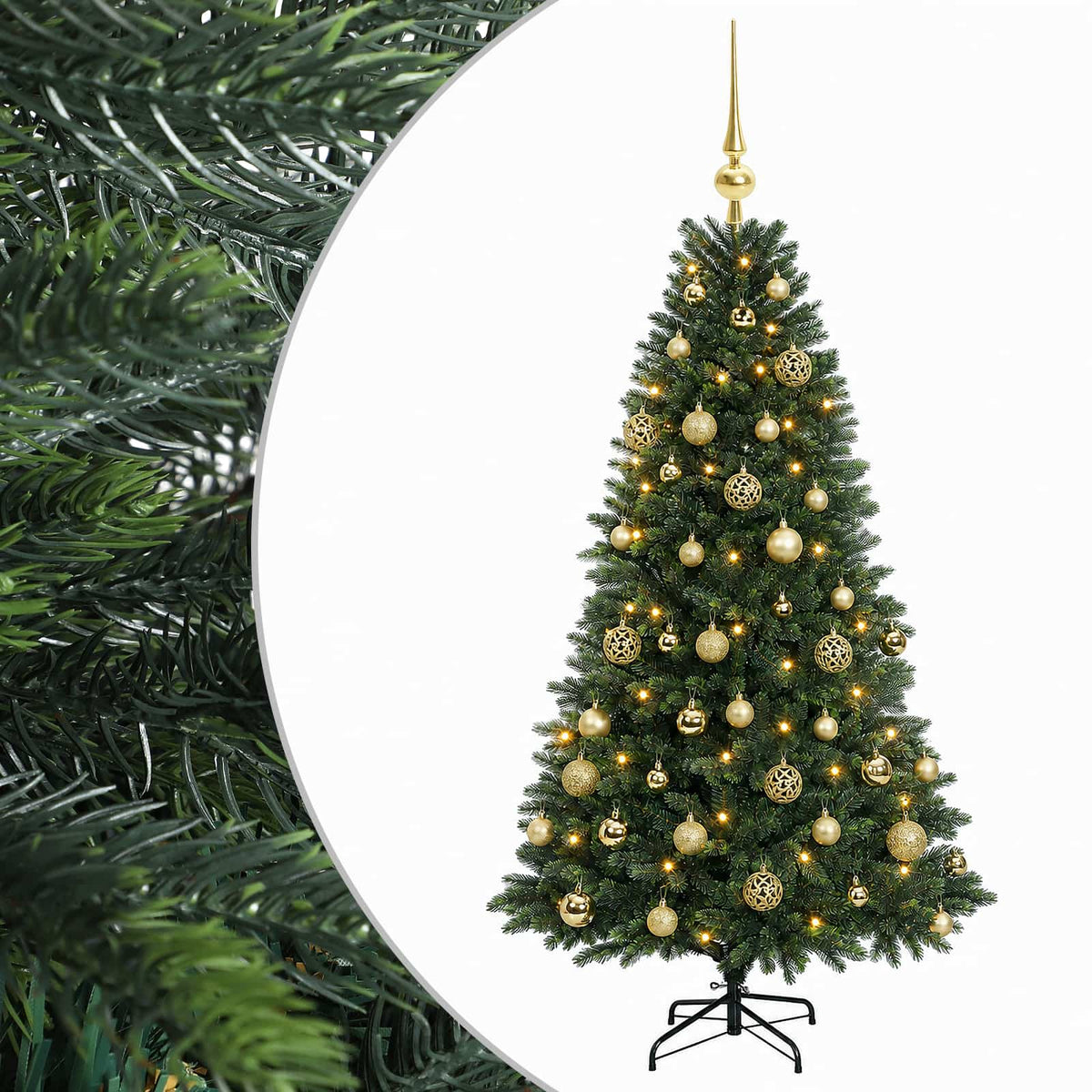 Műfenyő gömbökkel 120 cm 150 LED Meleg fehér PVC és fém Zöld