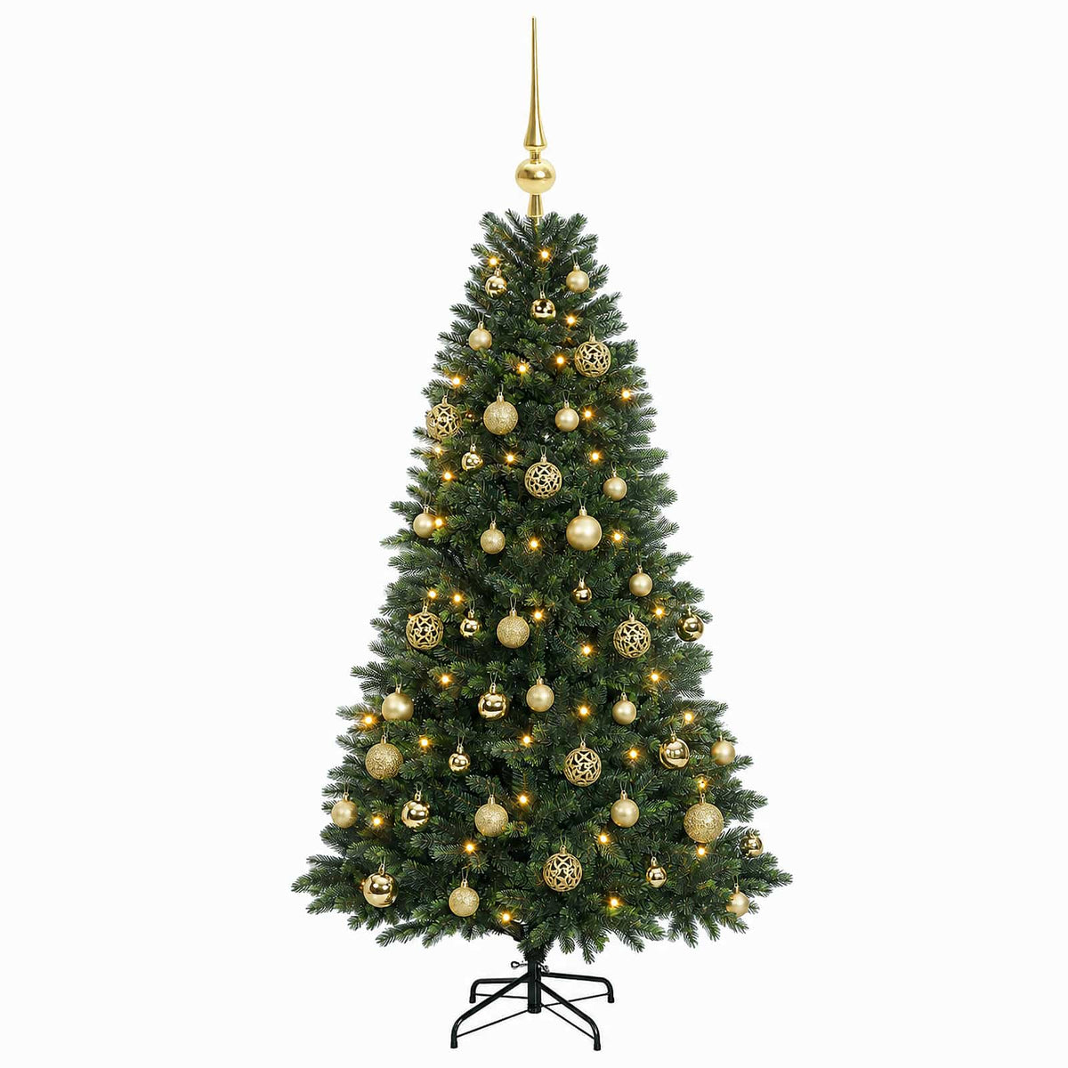 Műfenyő gömbökkel 120 cm 150 LED Meleg fehér PVC és fém Zöld