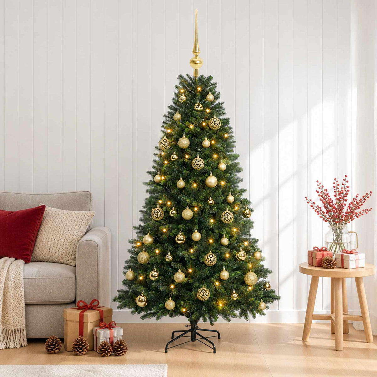 Műfenyő gömbökkel 120 cm 150 LED Meleg fehér PVC és fém Zöld