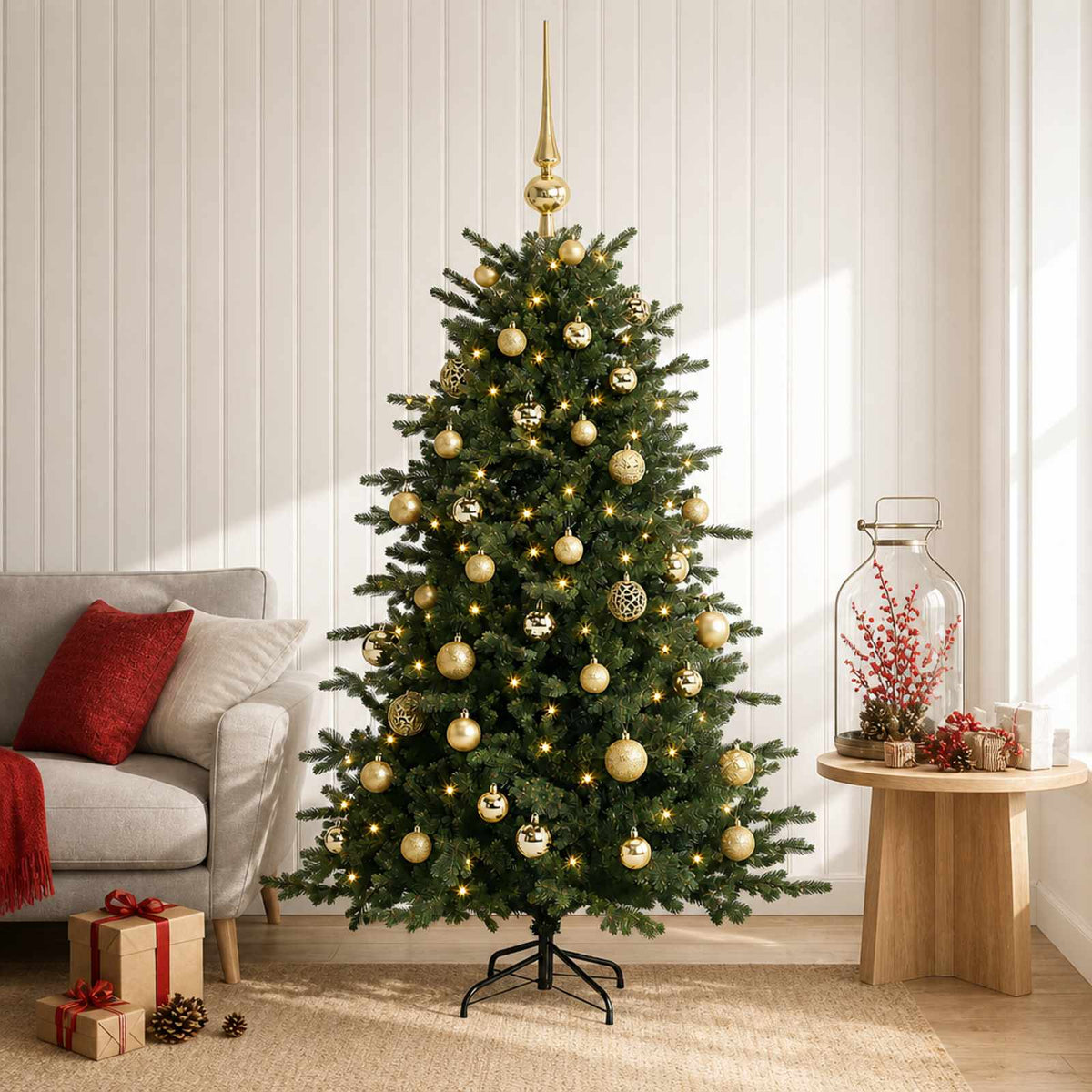 Műkarácsonyfa gömbbel 150 cm 150 LED Meleg fehér PVC és fém