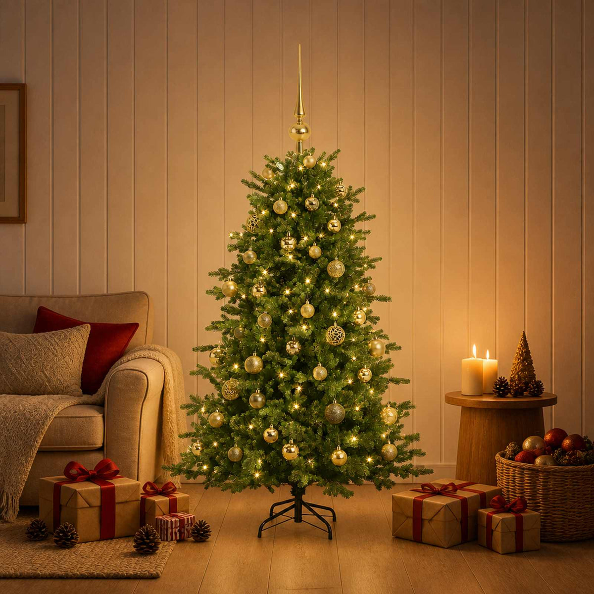 Műkarácsonyfa gömbbel 150 cm 150 LED Meleg fehér PVC és fém