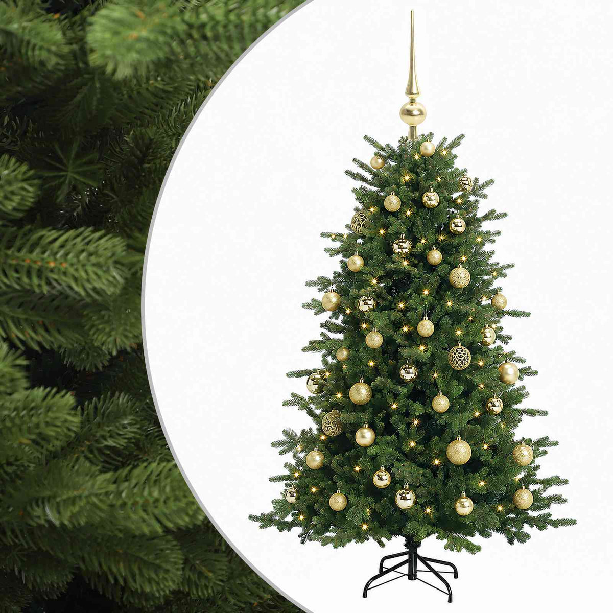Műkarácsonyfa gömbbel 150 cm 150 LED Meleg fehér PVC és fém
