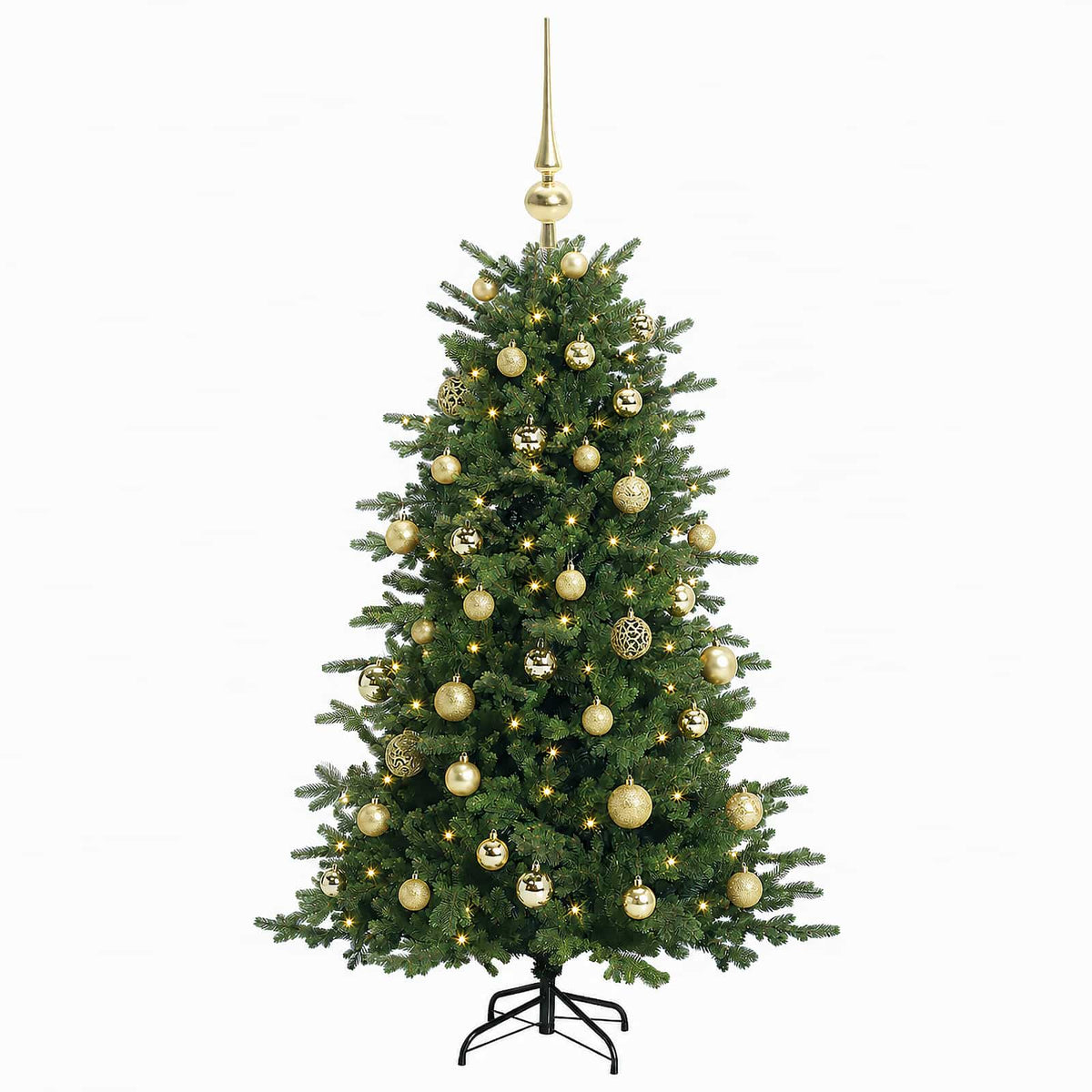 Műkarácsonyfa gömbbel 150 cm 150 LED Meleg fehér PVC és fém