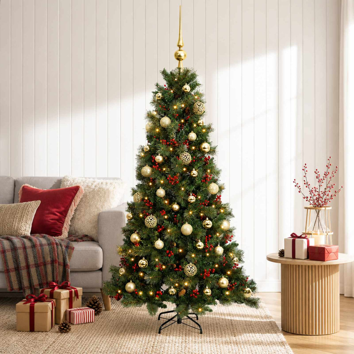 Műkarácsonyfa gömbbel 150 cm 150 LED Meleg fehér PVC és fém