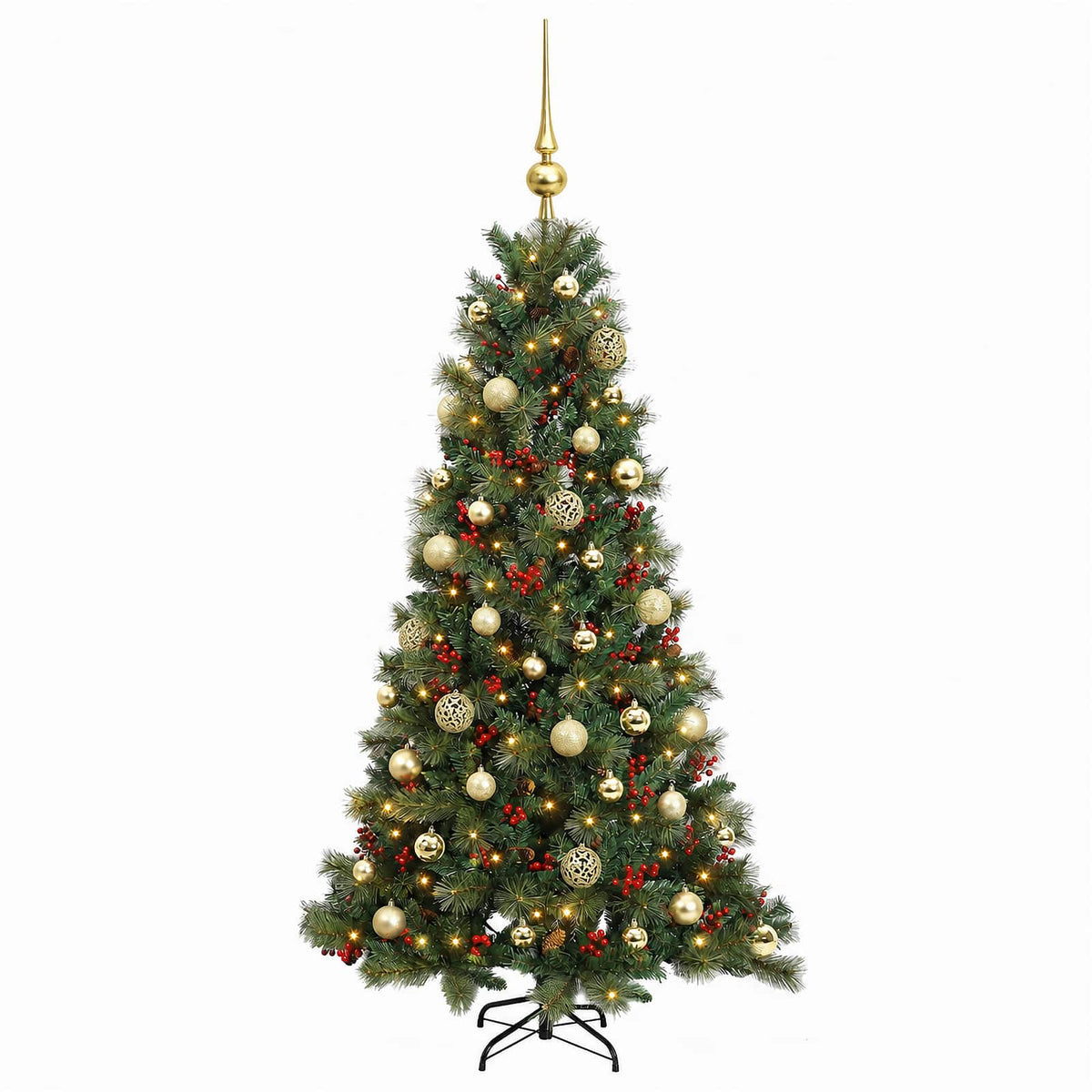 Műkarácsonyfa gömbbel 150 cm 150 LED Meleg fehér PVC és fém
