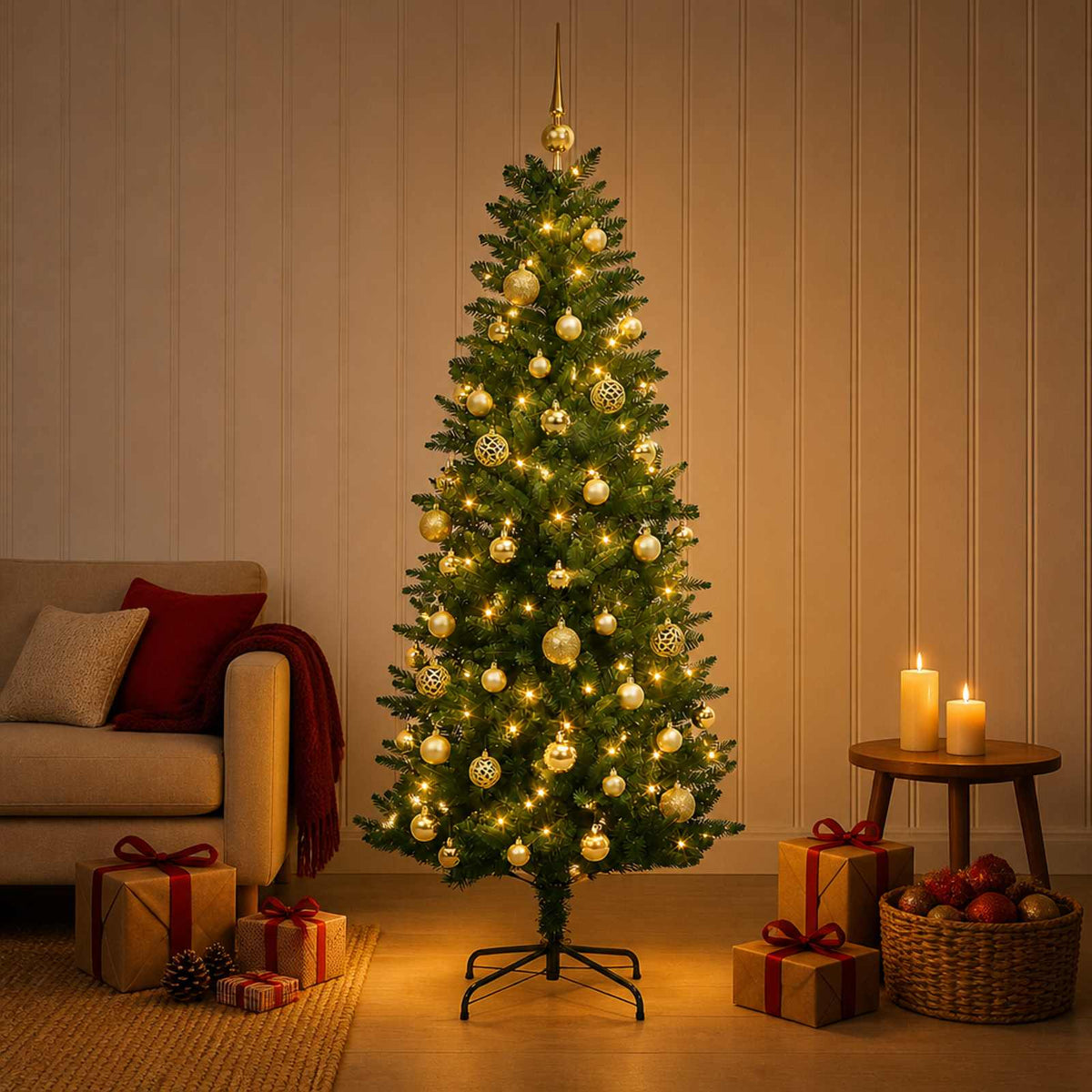Műfenyő gömbökkel 150 cm 150 LED Meleg fehér PE és PVC Green