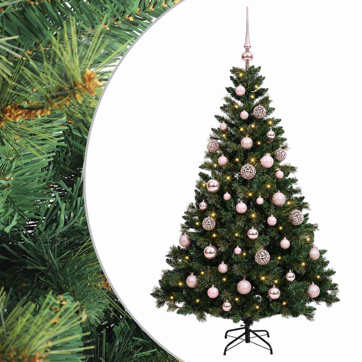 Műfenyő gömbökkel 150 cm 150 LED Meleg fehér PVC és fém Zöld