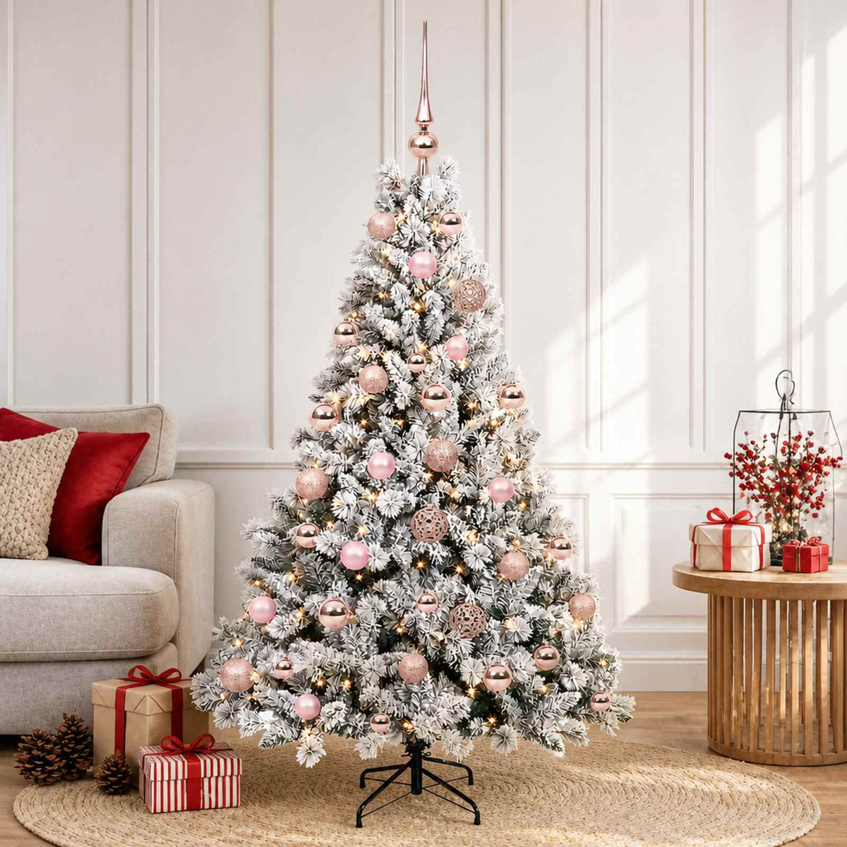 Műkarácsonyfa gömbbel 120 cm 150 LED Meleg fehér PVC és fém