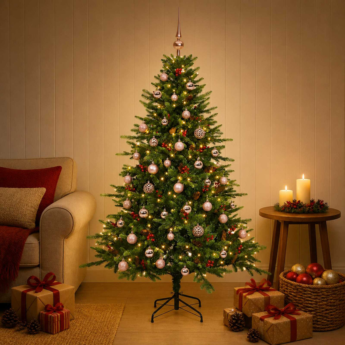 Műkarácsonyfa gömbbel 150 cm 150 LED Meleg fehér PVC és fém