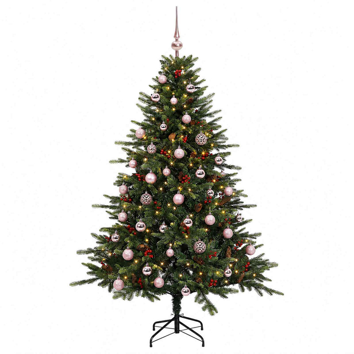 Műkarácsonyfa gömbbel 150 cm 150 LED Meleg fehér PVC és fém