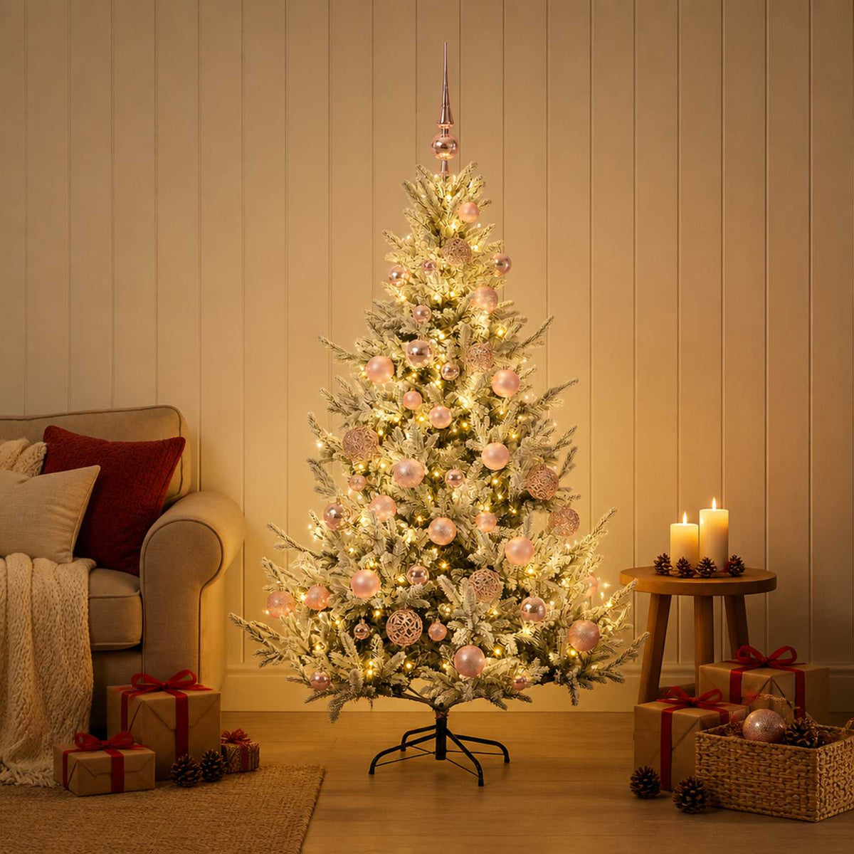 Műkarácsonyfa gömbbel 120 cm 150 LED Meleg fehér PVC és fém