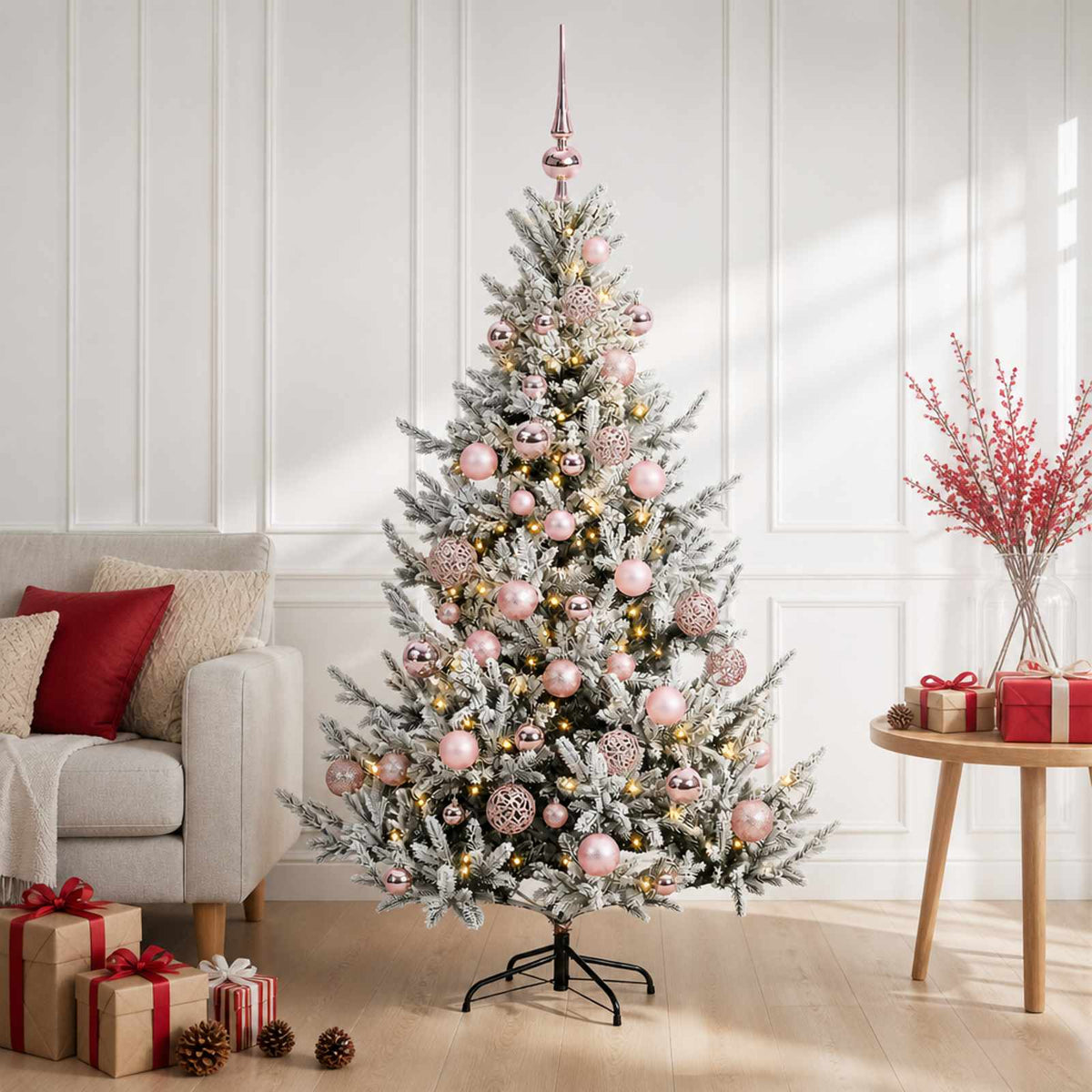 Műkarácsonyfa gömbbel 120 cm 150 LED Meleg fehér PVC és fém