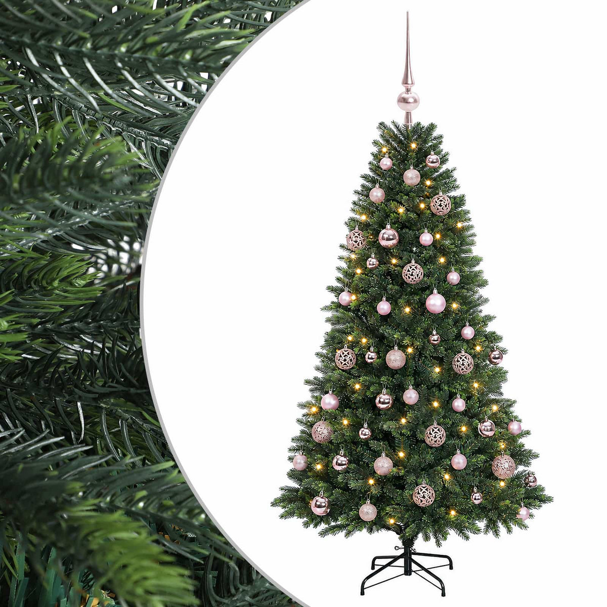 Műfenyő gömbökkel 120 cm 150 LED Meleg fehér PVC és fém Zöld