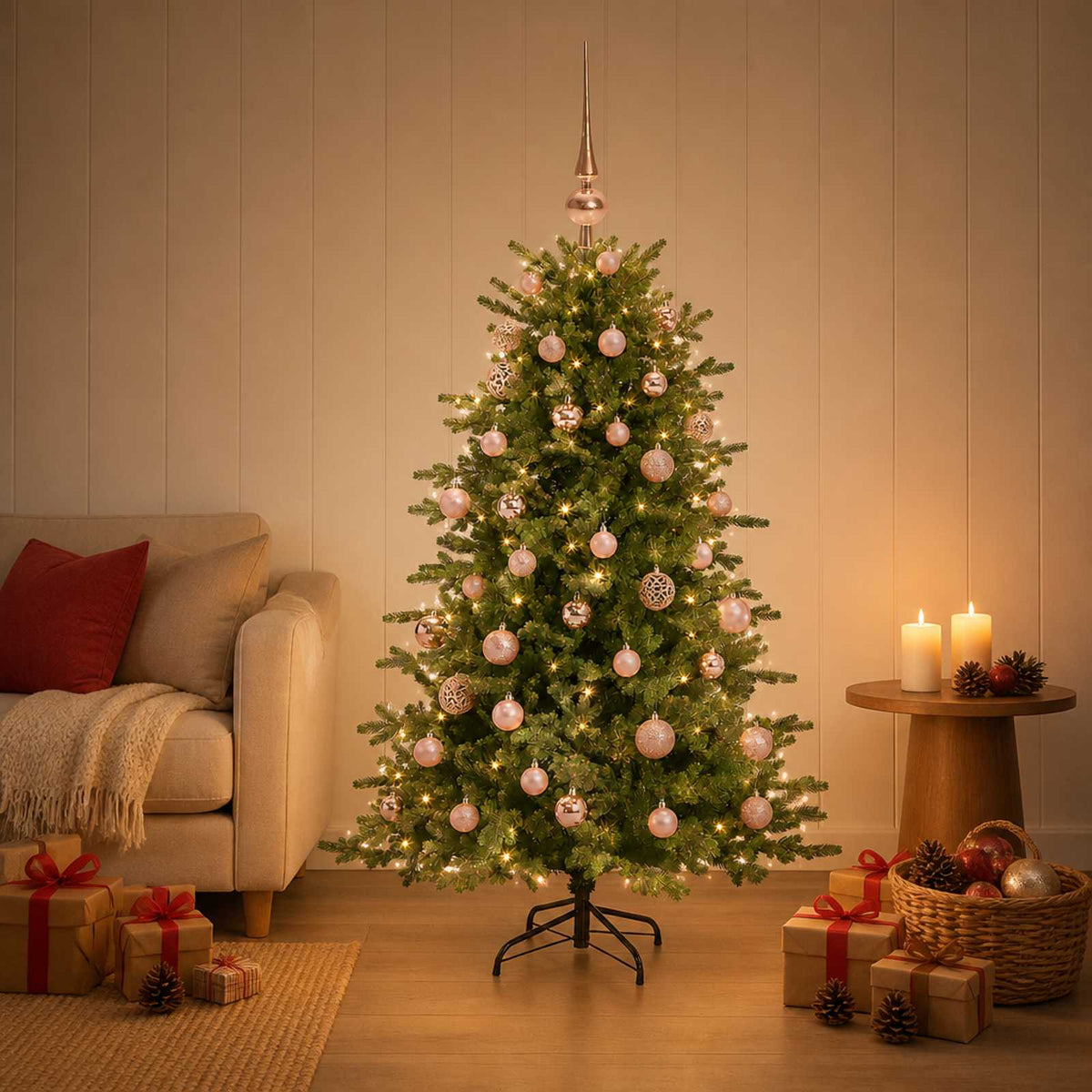 Műkarácsonyfa gömbbel 150 cm 150 LED Meleg fehér PVC és fém