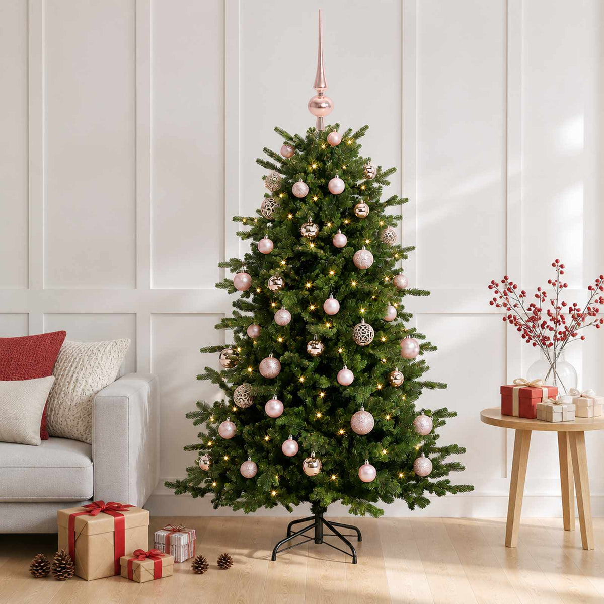 Műkarácsonyfa gömbbel 150 cm 150 LED Meleg fehér PVC és fém