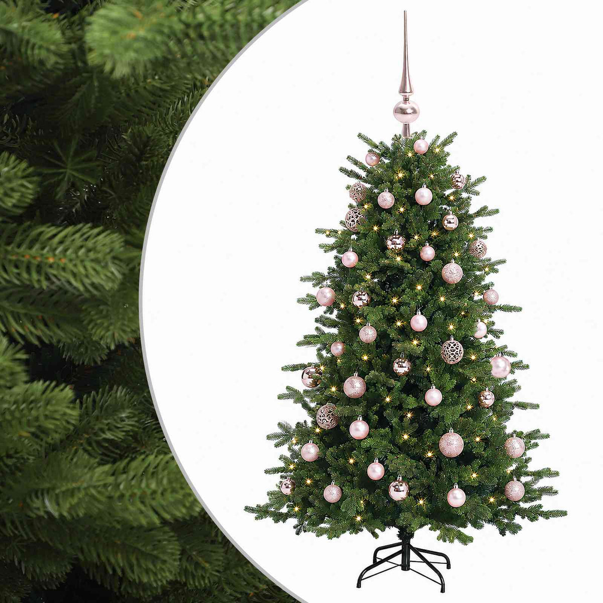 Műkarácsonyfa gömbbel 150 cm 150 LED Meleg fehér PVC és fém