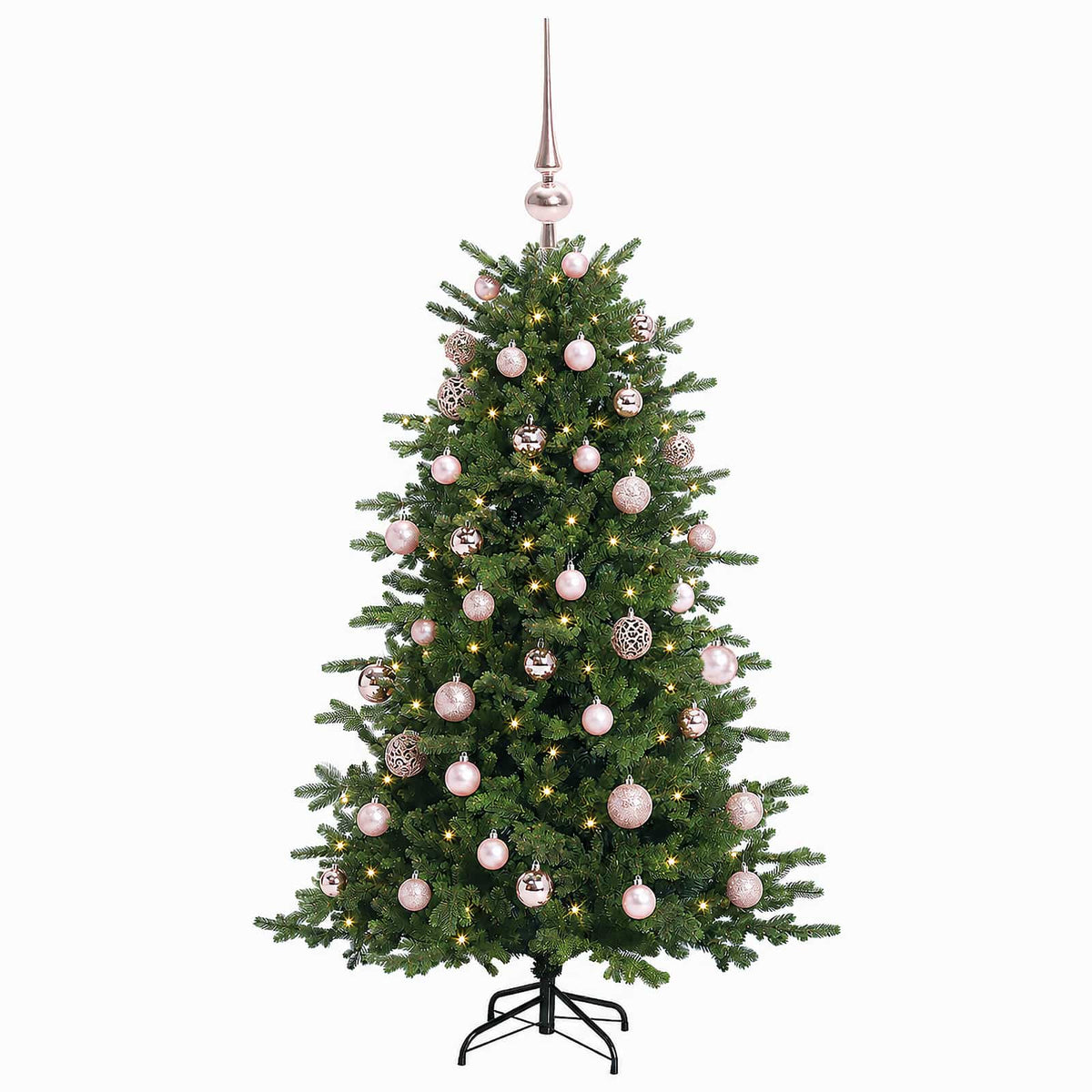 Műkarácsonyfa gömbbel 150 cm 150 LED Meleg fehér PVC és fém