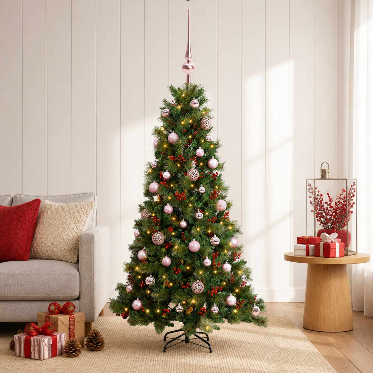 Műkarácsonyfa gömbbel 150 cm 150 LED Meleg fehér PVC és fém