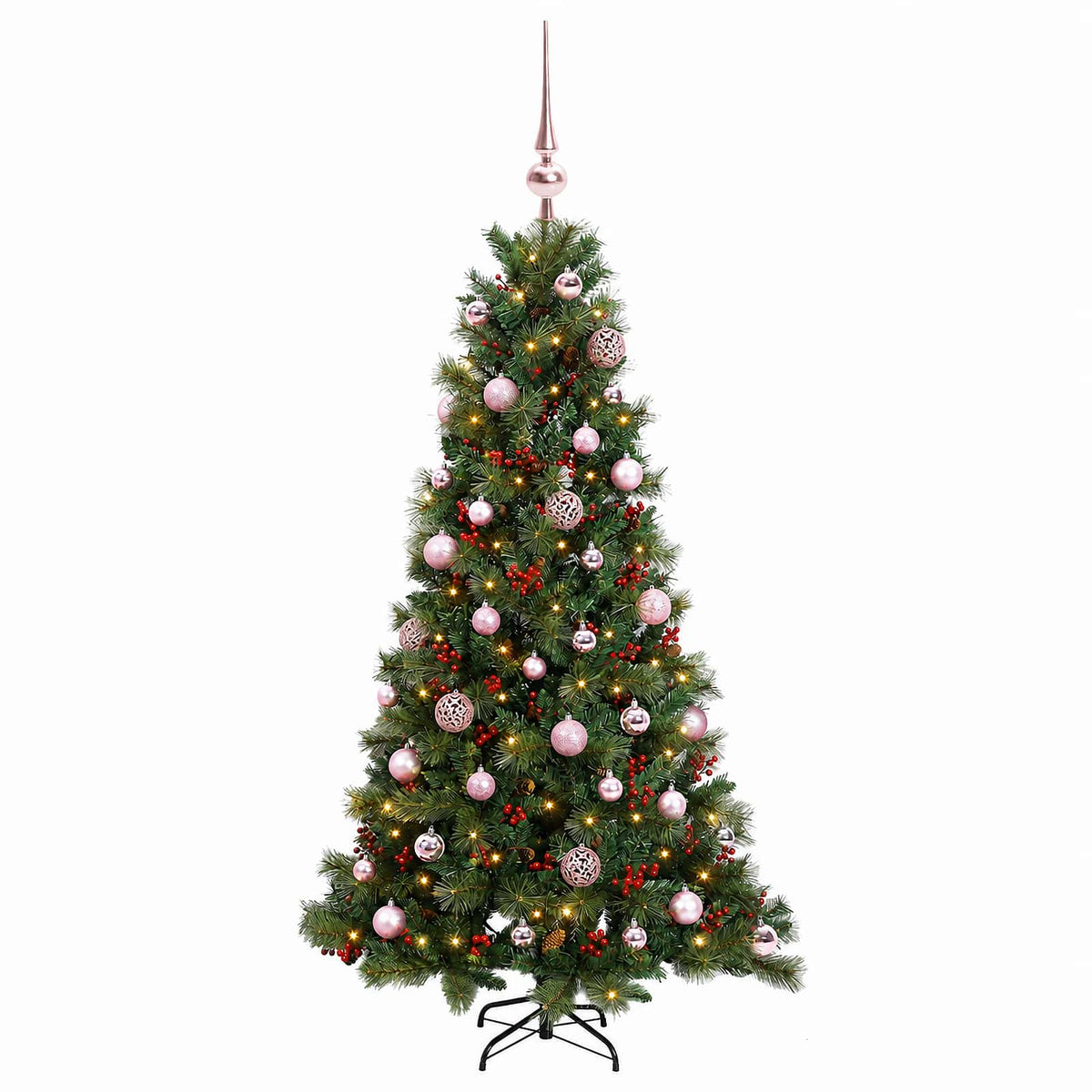 Műkarácsonyfa gömbbel 150 cm 150 LED Meleg fehér PVC és fém