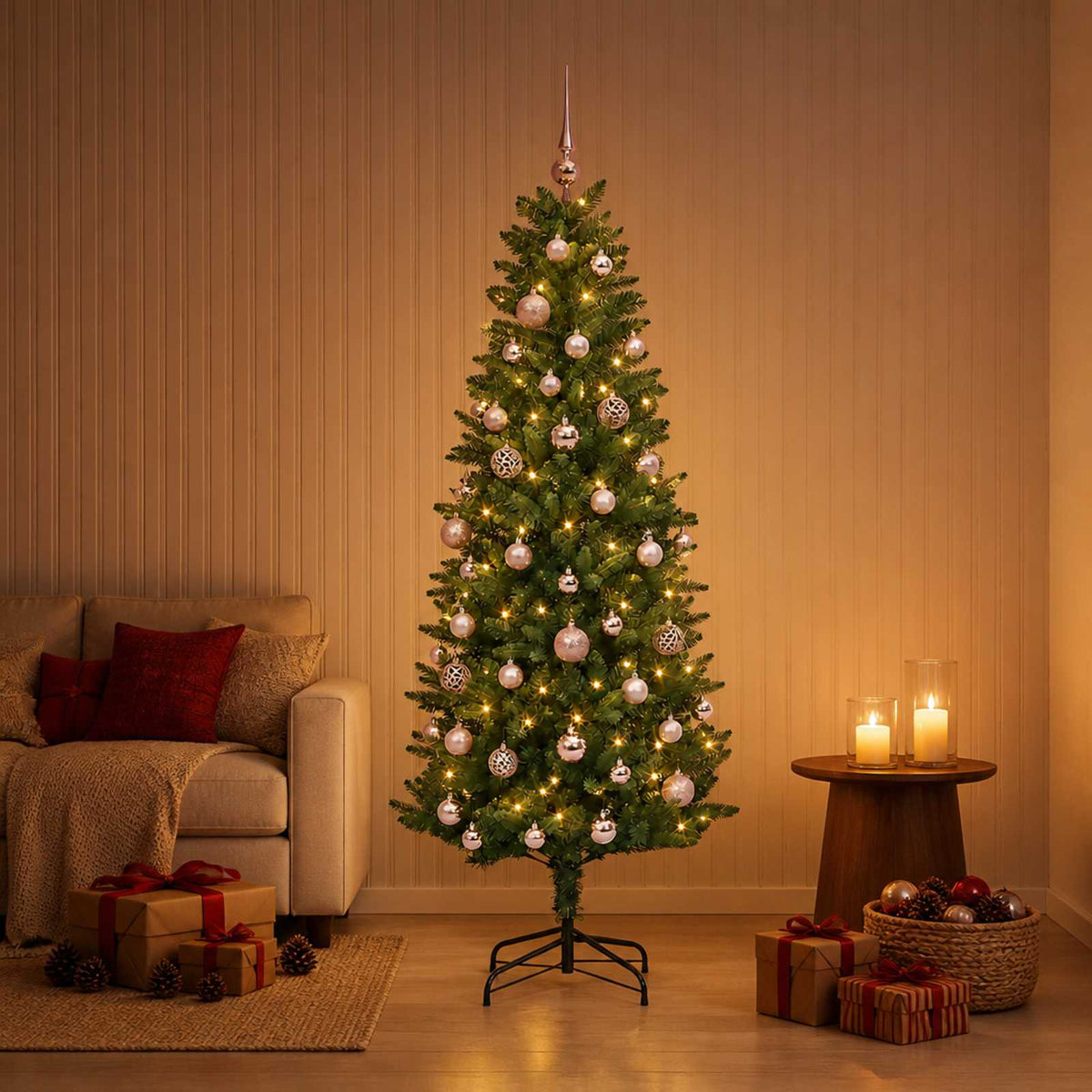 Műfenyő gömbökkel 150 cm 150 LED Meleg fehér PE és PVC Green