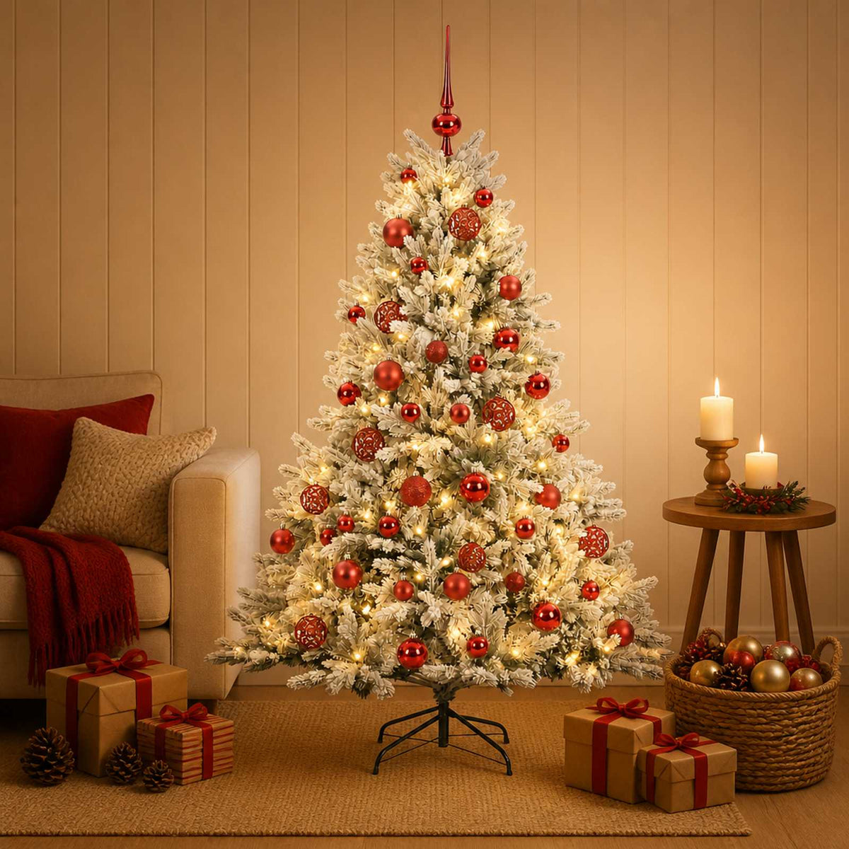 Műkarácsonyfa gömbbel 120 cm 150 LED Meleg fehér PVC és fém
