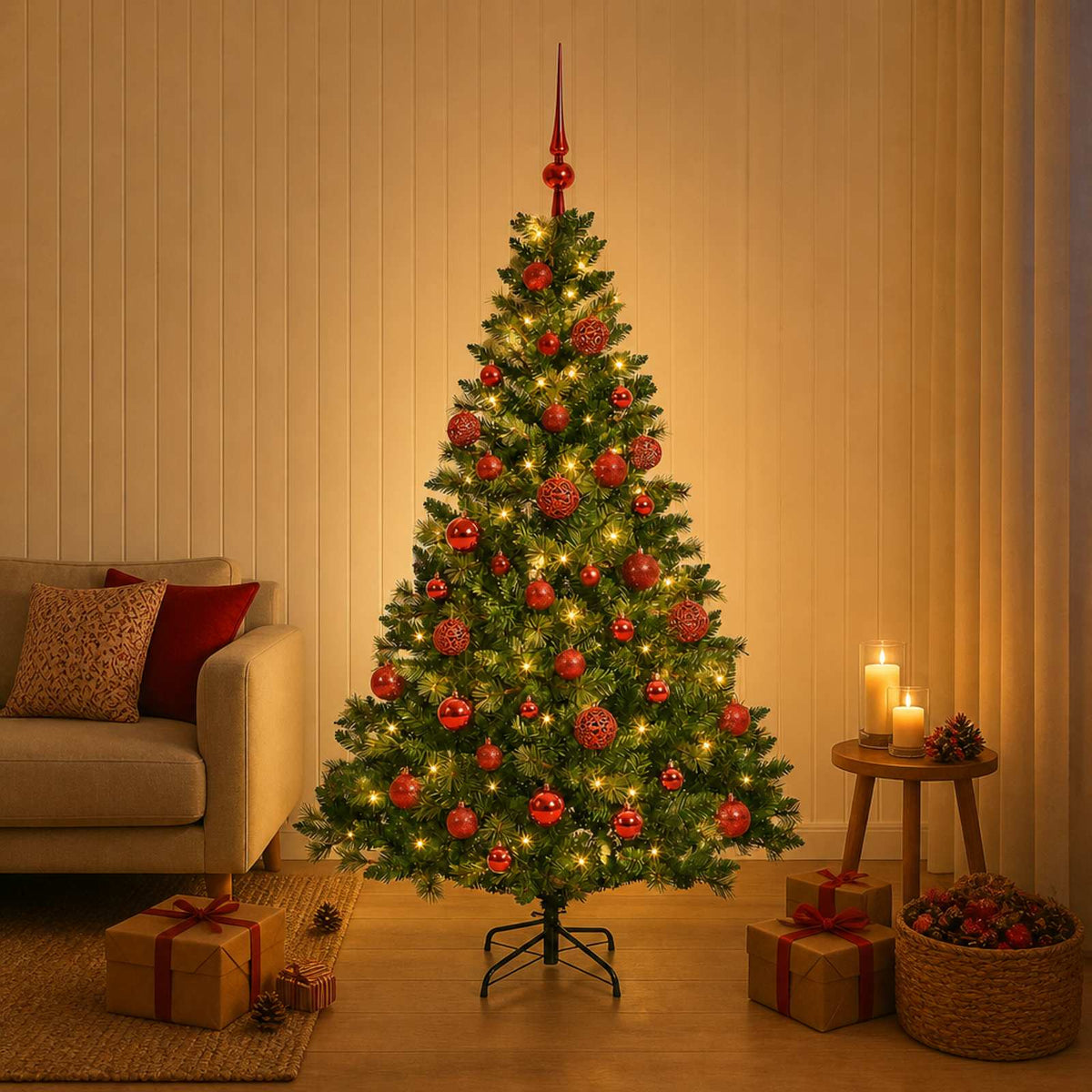Műfenyő gömbökkel 150 cm 150 LED Meleg fehér PVC és fém Zöld