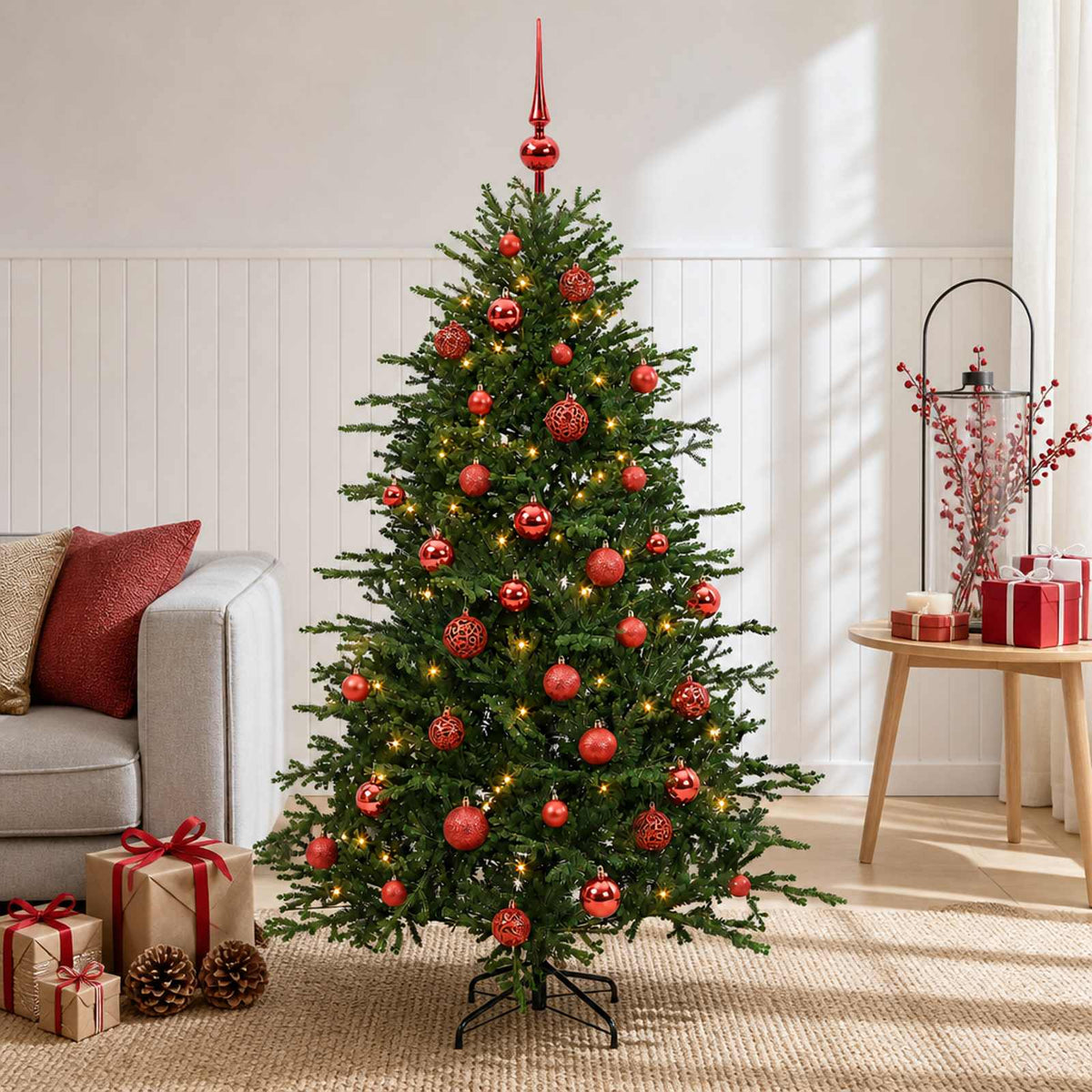 Műkarácsonyfa gömbbel 150 cm 150 LED Meleg fehér PVC és fém