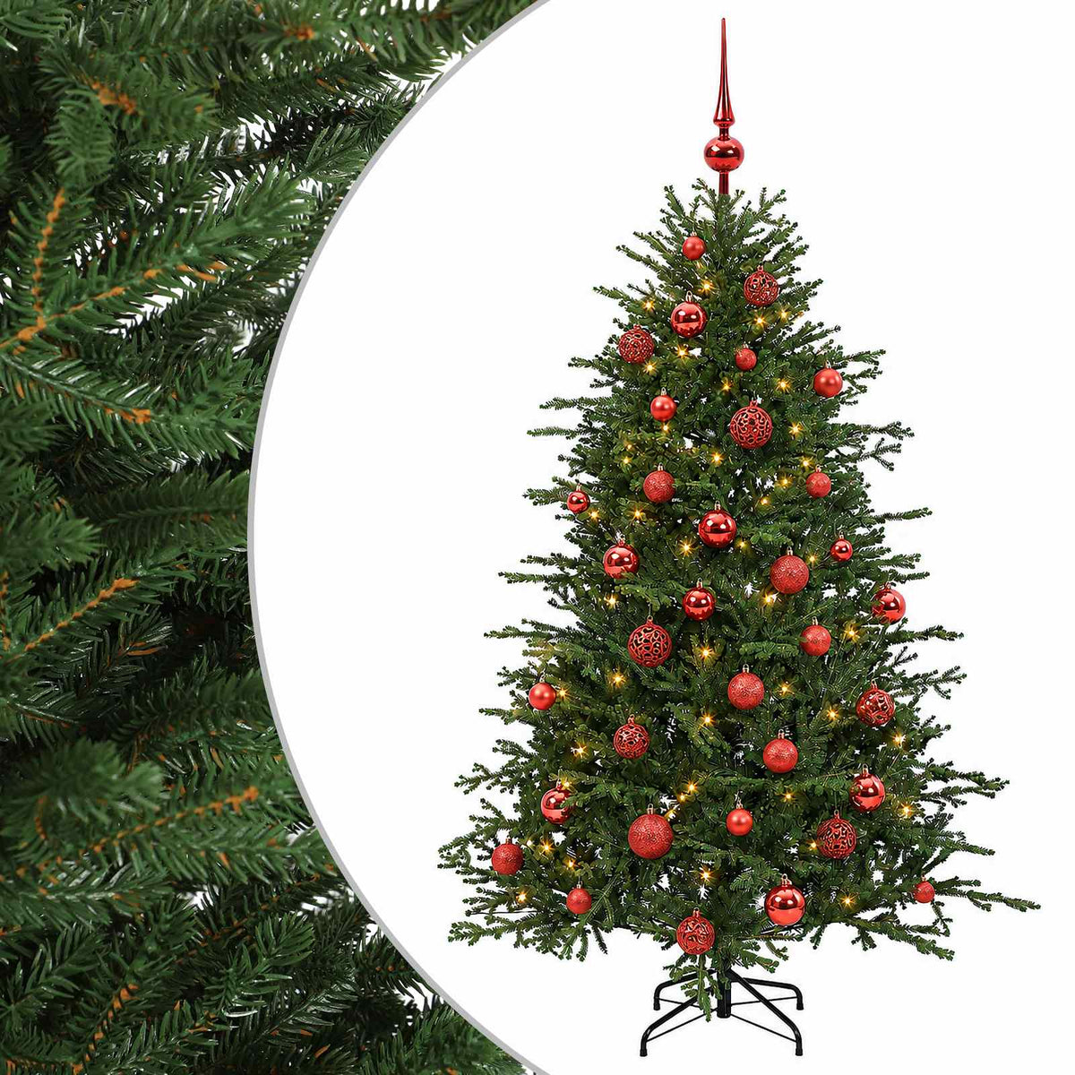 Műkarácsonyfa gömbbel 150 cm 150 LED Meleg fehér PVC és fém