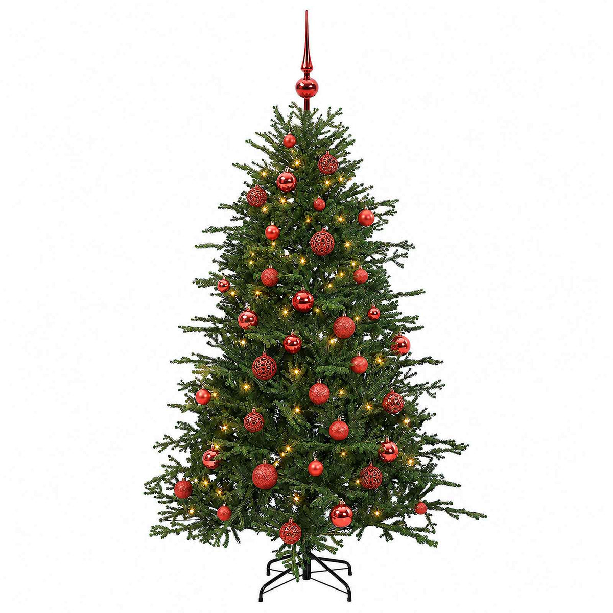 Műkarácsonyfa gömbbel 150 cm 150 LED Meleg fehér PVC és fém