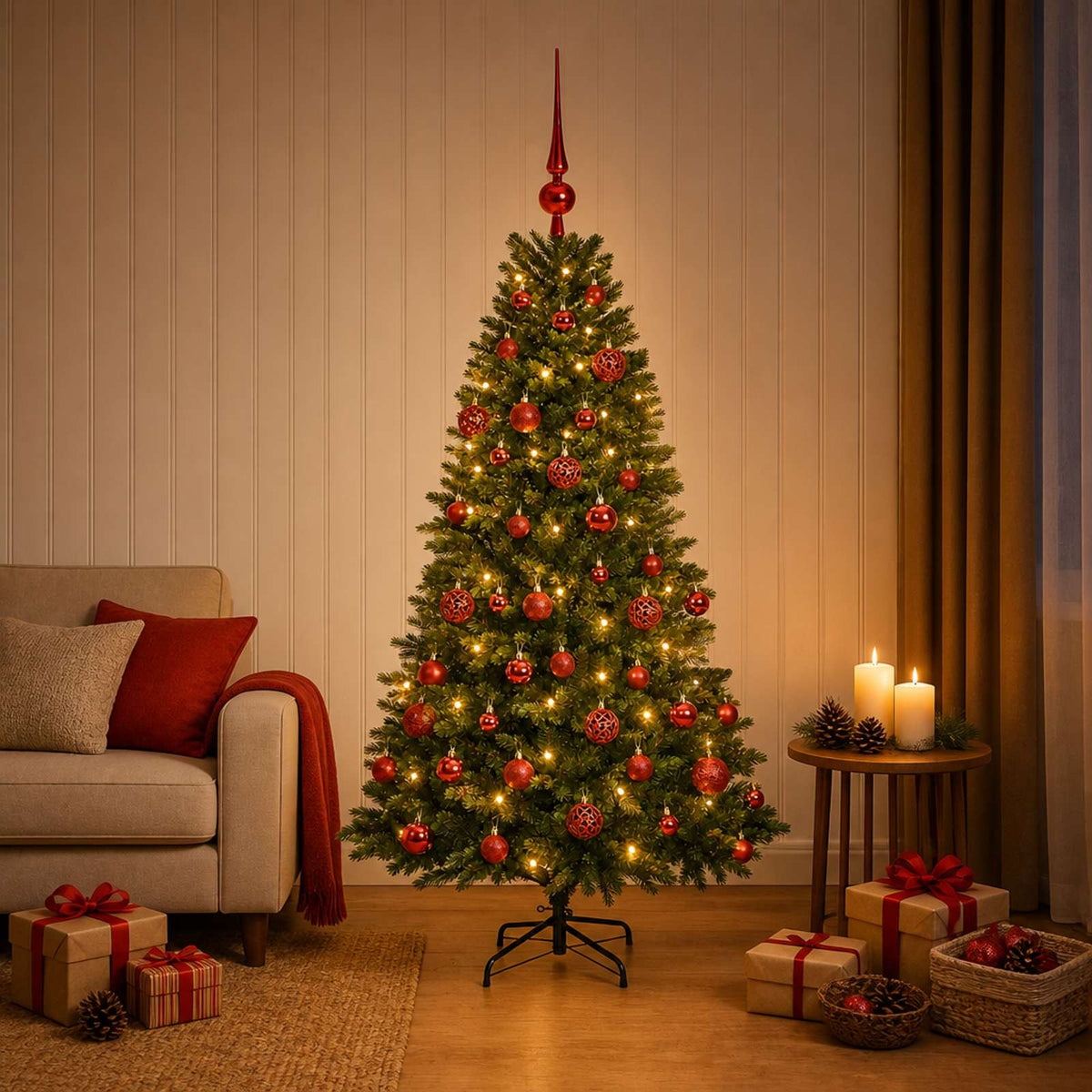 Műfenyő gömbökkel 120 cm 150 LED Meleg fehér PVC és fém Zöld