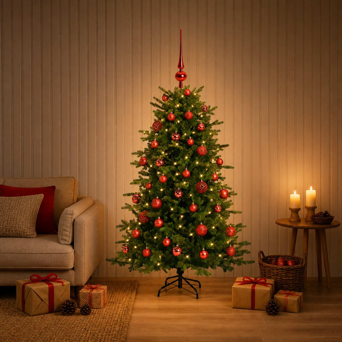 Műkarácsonyfa gömbbel 150 cm 150 LED Meleg fehér PVC és fém