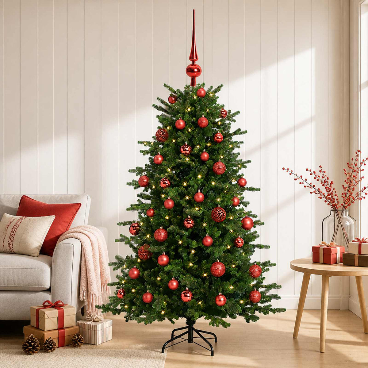 Műkarácsonyfa gömbbel 150 cm 150 LED Meleg fehér PVC és fém
