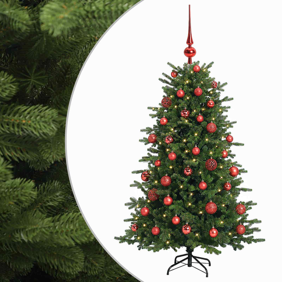 Műkarácsonyfa gömbbel 150 cm 150 LED Meleg fehér PVC és fém