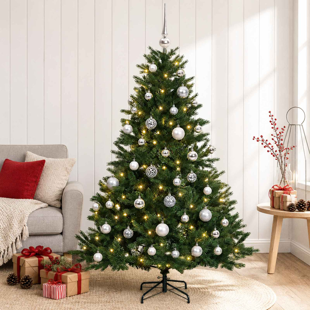 Műkarácsonyfa gömbbel 150 cm 150 LED Meleg fehér PVC és fém