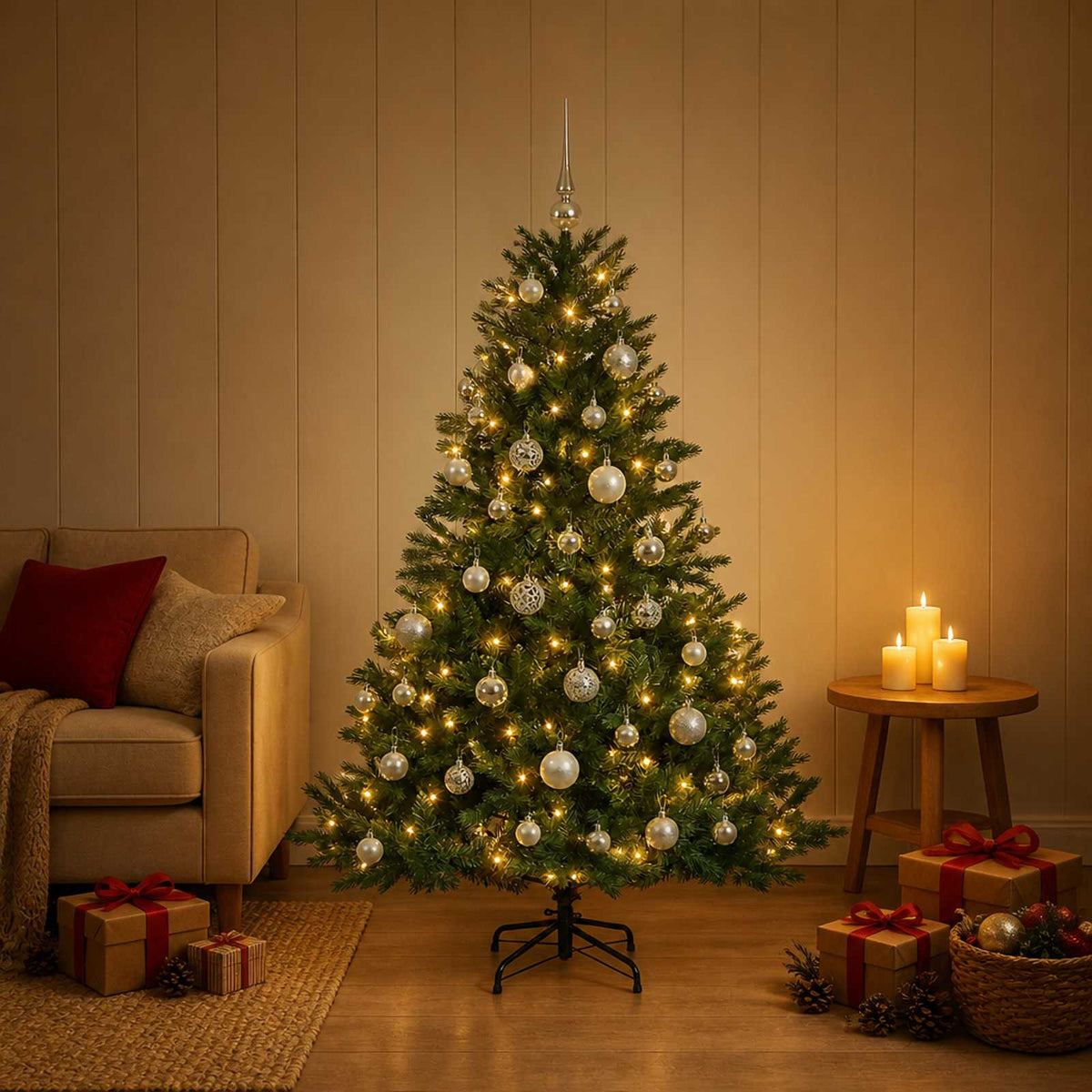 Műkarácsonyfa gömbbel 150 cm 150 LED Meleg fehér PVC és fém