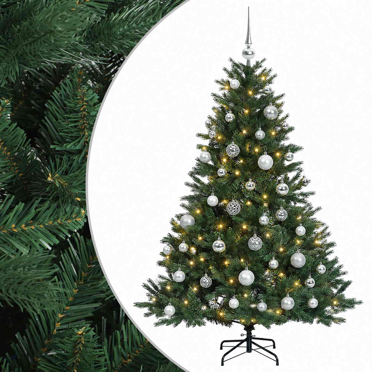 Műkarácsonyfa gömbbel 150 cm 150 LED Meleg fehér PVC és fém
