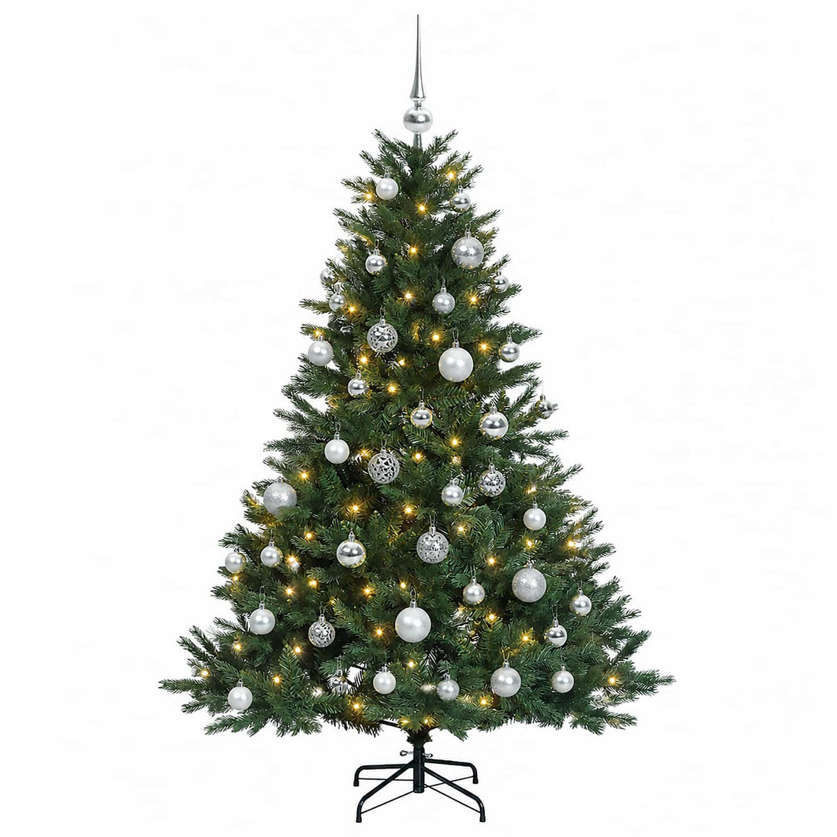 Műkarácsonyfa gömbbel 150 cm 150 LED Meleg fehér PVC és fém