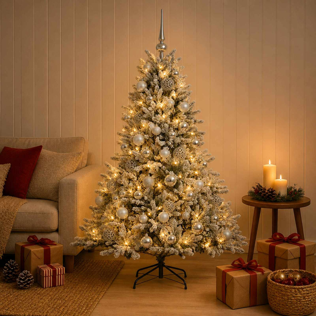 Műkarácsonyfa gömbbel 150 cm 150 LED Meleg fehér PVC és fém