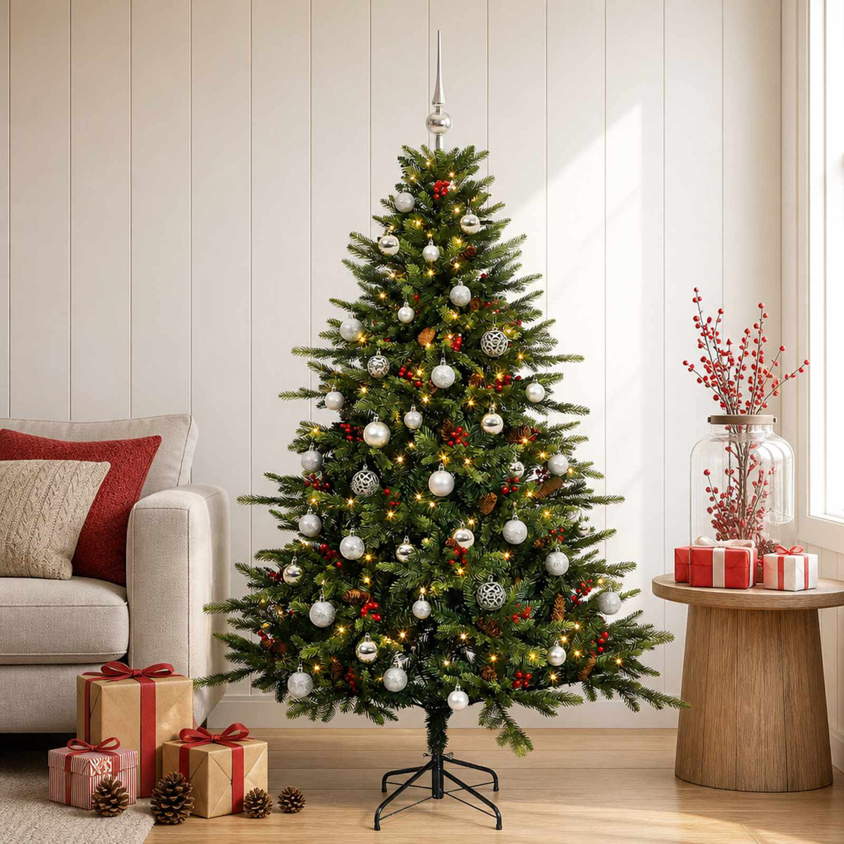 Műkarácsonyfa gömbbel 150 cm 150 LED Meleg fehér PVC és fém