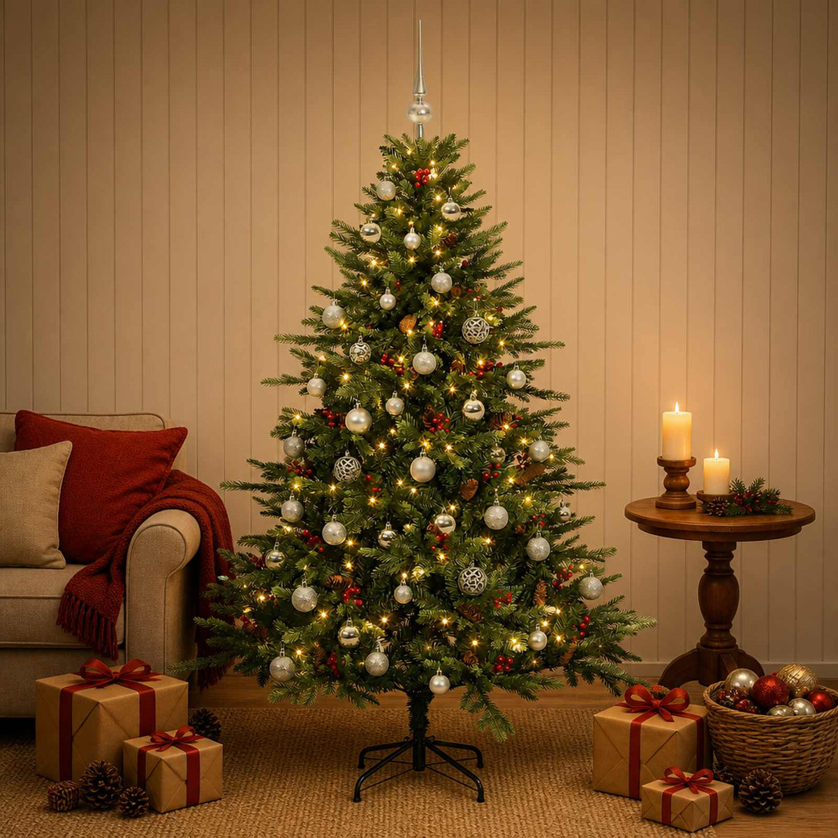 Műkarácsonyfa gömbbel 150 cm 150 LED Meleg fehér PVC és fém