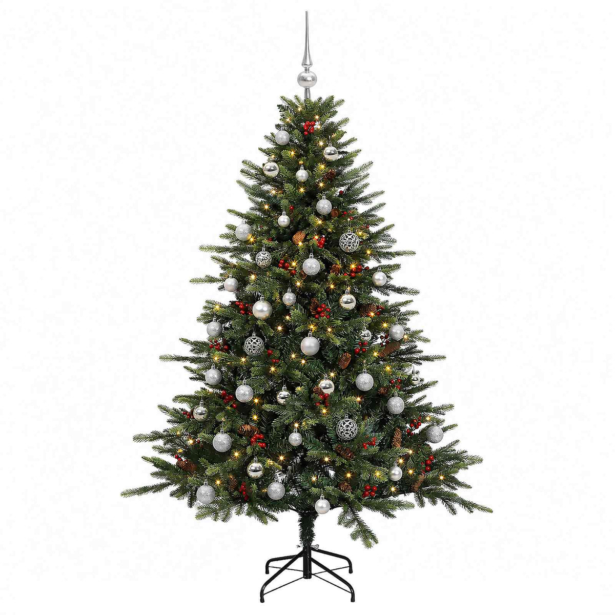 Műkarácsonyfa gömbbel 150 cm 150 LED Meleg fehér PVC és fém