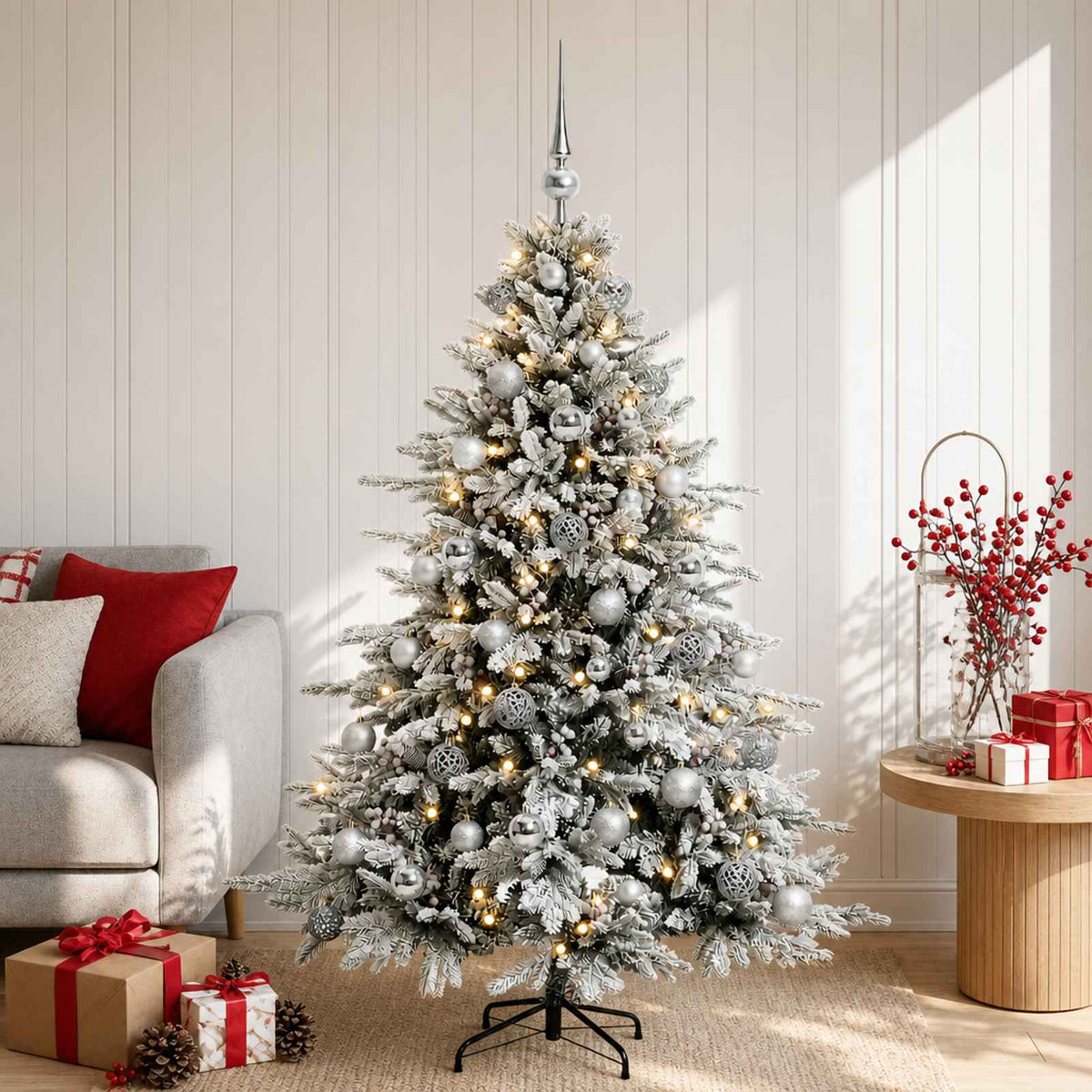 Műkarácsonyfa gömbbel 150 cm 150 LED Meleg fehér PVC és fém