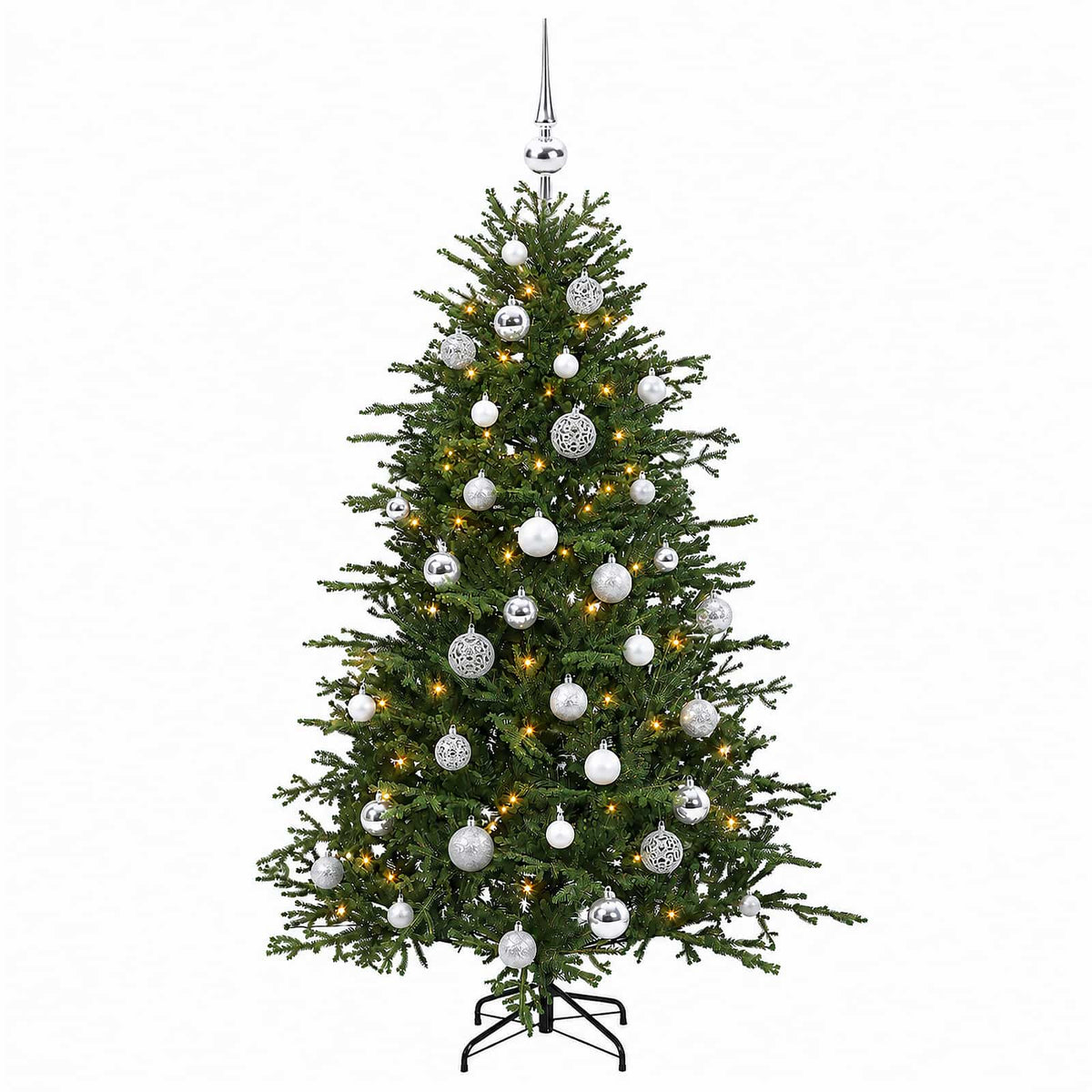 Műkarácsonyfa gömbbel 120 cm 150 LED Meleg fehér PVC és fém
