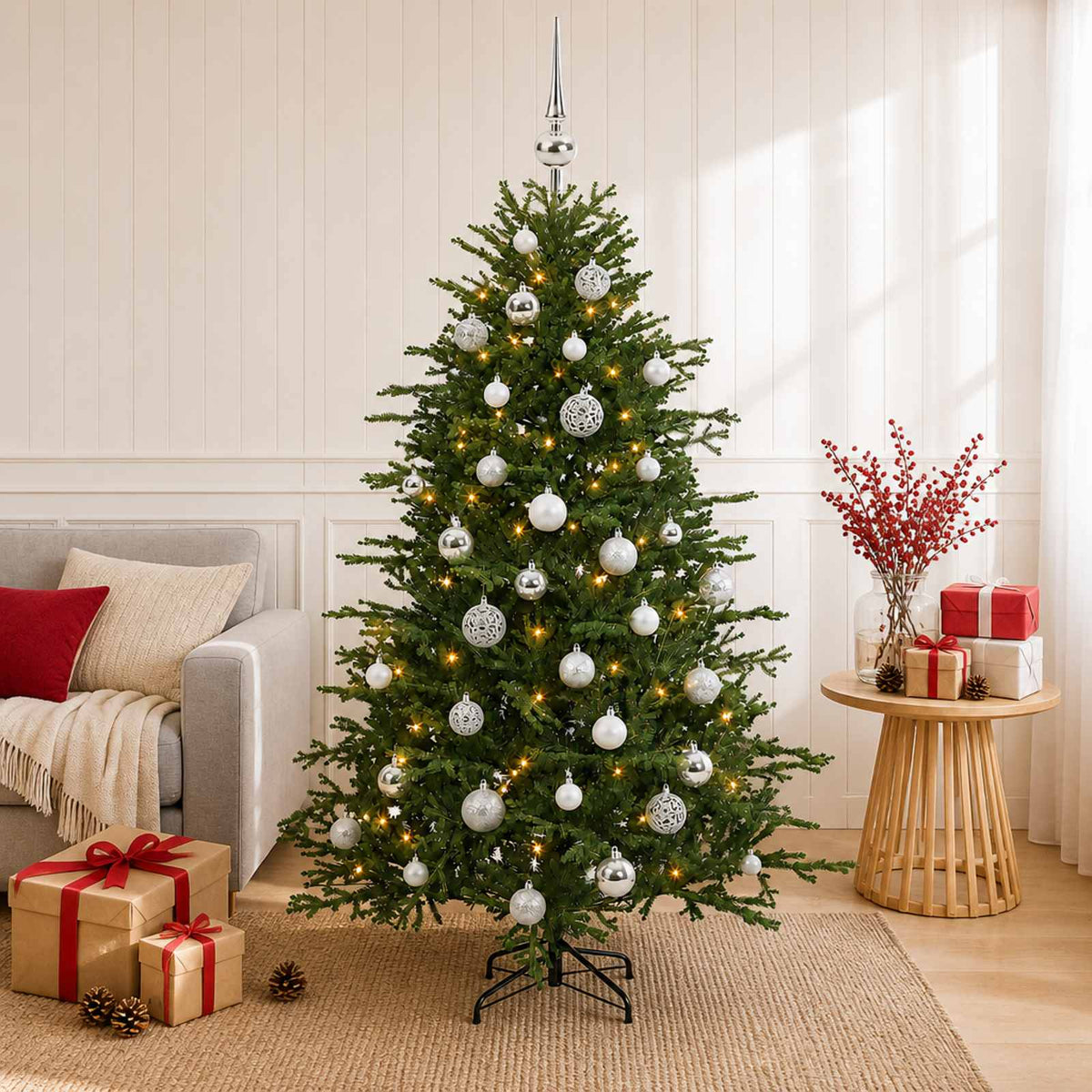 Műkarácsonyfa gömbbel 120 cm 150 LED Meleg fehér PVC és fém