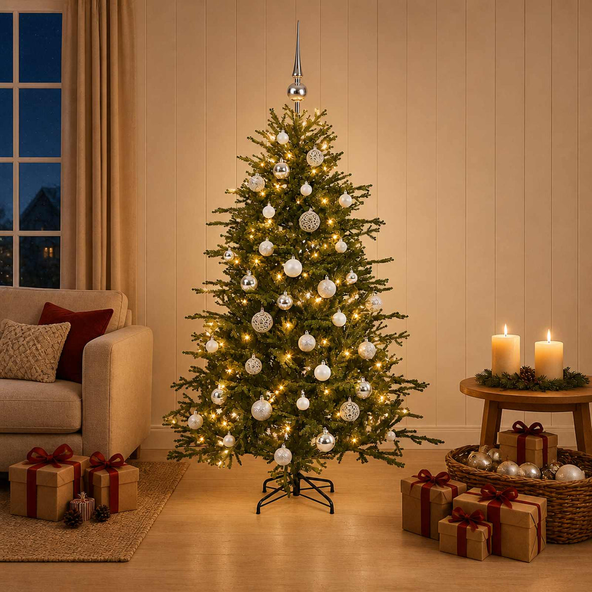 Műkarácsonyfa gömbbel 120 cm 150 LED Meleg fehér PVC és fém