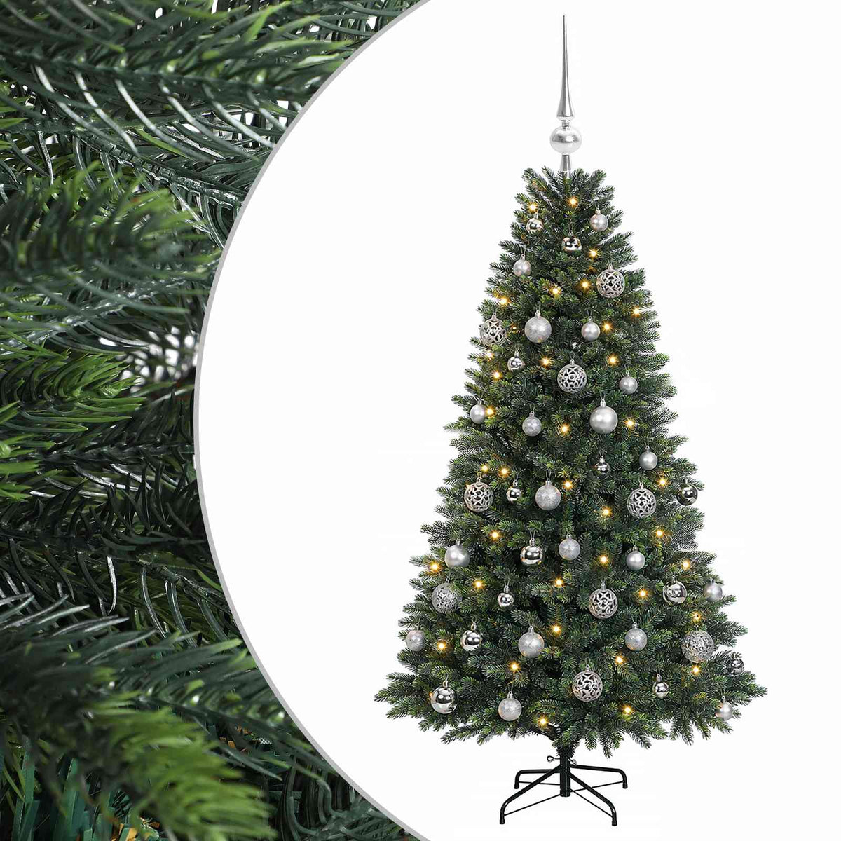 Műfenyő gömbökkel 120 cm 150 LED Meleg fehér PVC és fém Zöld